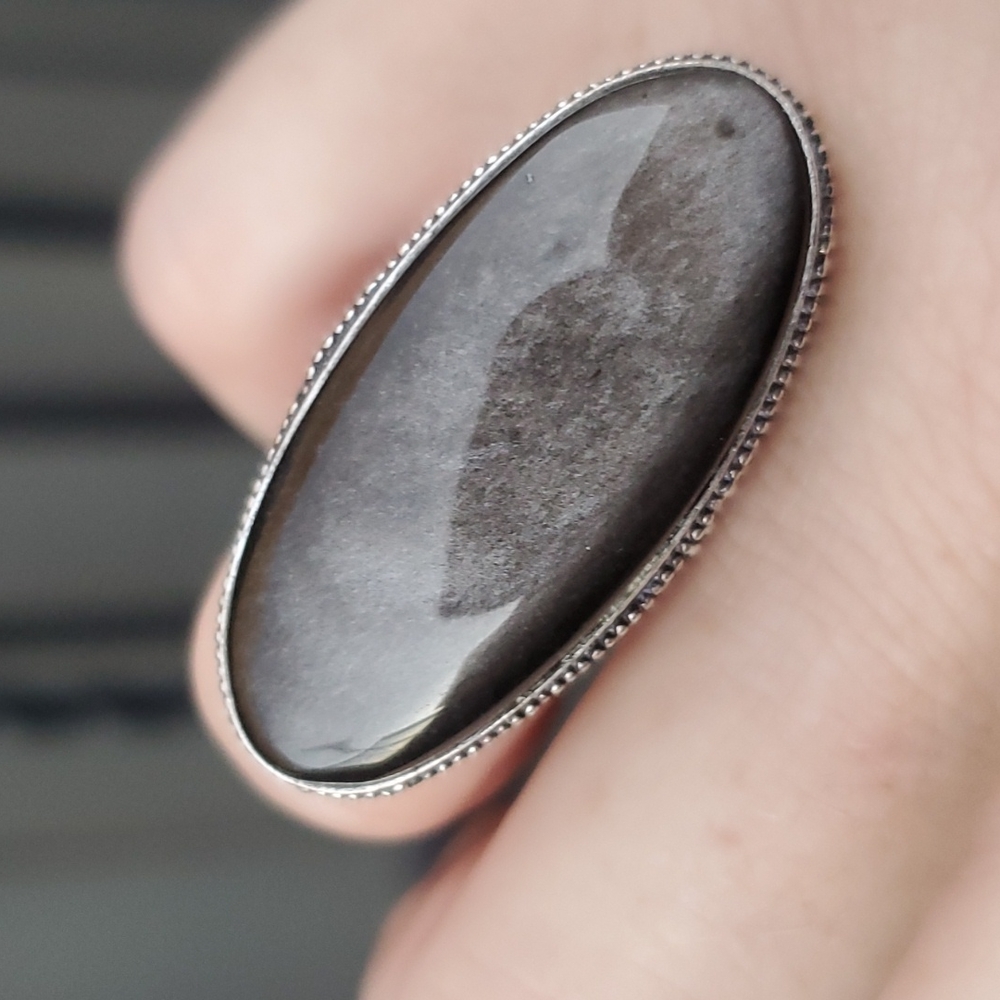 New Silver Sheen Obsidian 925 Silver Statement Ring.